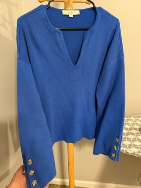 LOFT Blue Split-Neck Sweater with Button Cuffs